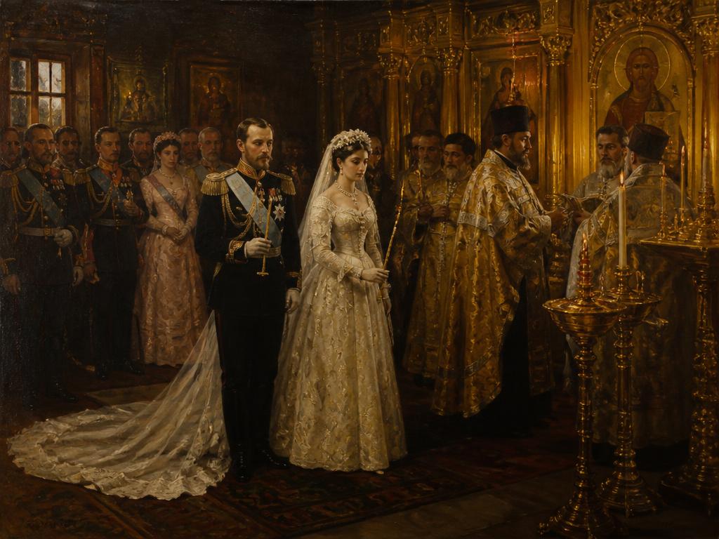 Boda de Alix de Hesse y Nicolás II en la capilla del Palacio de Invierno, noviembre de 1894, celebrada en pleno luto imperial apenas una semana después de la muerte de Alejandro III.