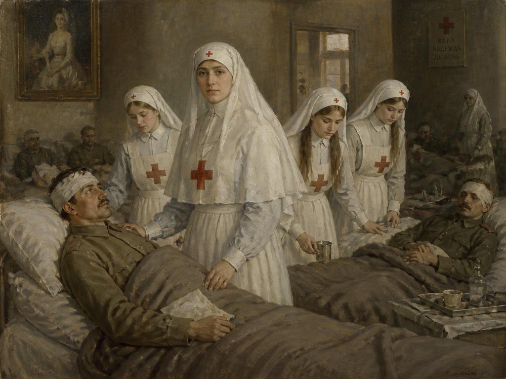 La emperatriz y sus hijas mayores, Olga y Tatiana, como enfermeras de la Cruz Roja en un hospital militar durante la Primera Guerra Mundial.